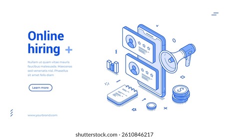 Online hiring job vacancy remotely interview applicant search isometric web banner vector illustration. Internet hire HR employment recruitment smartphone application human resources analyzing