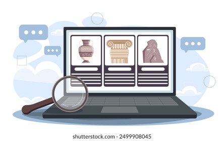 Online historian service. Magnifying glass next to laptop with antique vases. Research of jewelry, finds and fossils. Culture and history. Flat vector illustration isolated on white background