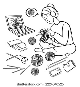ONLINE HOBBY Knitting Learning Needlewoman Concept On The Internet Home Education Hand Drawn Vector Collection Master Classes A Woman Teaches Audience