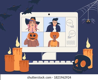 Online Holiday Party. People Quarantined In Costumes Having Video Call Celebrating Halloween At Home. Vector Illustration.