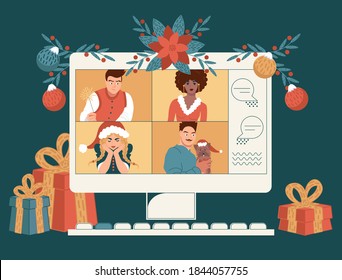 Online Holiday Party. People Quarantined In Costumes Having Video Call Celebrating Christmas And New Year At Home. Vector Illustration.