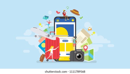 Online Holiday Travel  Mobile App Reservation Tiny People Character Concept Vector Illustration, Suitable For Wallpaper, Banner, Background, Card, Book Illustration, Web And Landing Page Concept