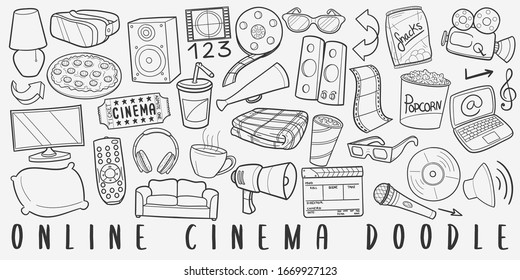 Online Home Cinema Doodle Line Art Illustration. Hand Drawn Vector Clip Art. Banner Set Logos.