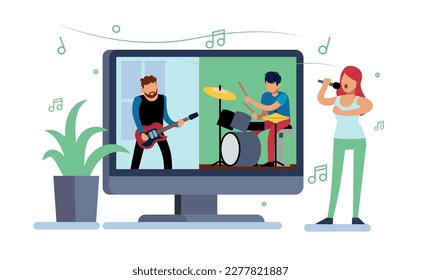 Online home concert, people play on self isolation. Musical group on computer screen, guitarist and drummer, girl sings karaoke. Virtual performance. Cartoon flat illustration. Vector concept