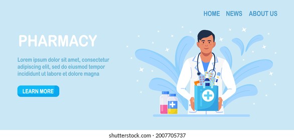 Online Home delivery pharmacy service. Pharmacist holds paper bag with medicines, drugs and pill bottles inside in hands. Doctor in white coat with stethoscope. Vector illustration