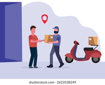 Online home delivery Service concept.delivery man giving package delivery courier to customer vector illustration