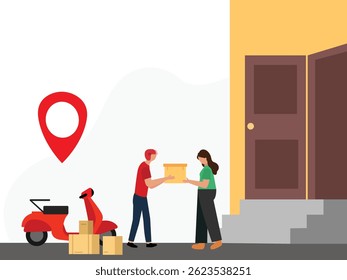 Online home delivery Service concept.delivery man giving package delivery courier to customer vector illustration