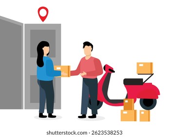 Online home delivery Service concept.delivery man giving package delivery courier to customer vector illustration