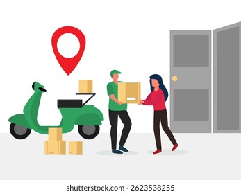 Online home delivery Service concept.delivery man giving package delivery courier to customer vector illustration