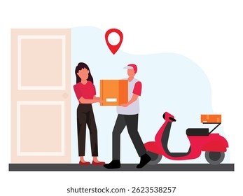 Online home delivery Service concept.delivery man giving package delivery courier to customer vector illustration