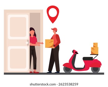 Online home delivery Service concept.delivery man giving package delivery courier to customer vector illustration