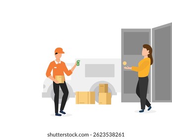 Online home delivery Service concept.delivery man giving package delivery courier to customer vector illustration
