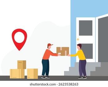 Online home delivery Service concept.delivery man giving package delivery courier to customer vector illustration