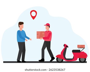 Online home delivery Service concept.delivery man giving package delivery courier to customer vector illustration