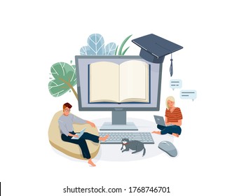 Online-Unterricht an der Hausschule, Vektorgrafik. Fernlerndesign einzeln auf weißem Hintergrund mit Menschen, die auf Laptop, Pflanze, Katzen-Haustier studieren.