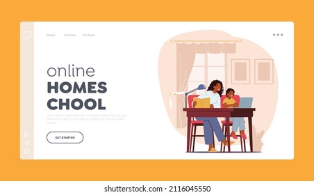 Online Home School Landing Page Template. Mother and Son Learning Classes and Watch Webinar. Parent or Teacher and Kid Boy Characters Sitting at Desk with Textbook. Cartoon People Vector Illustration