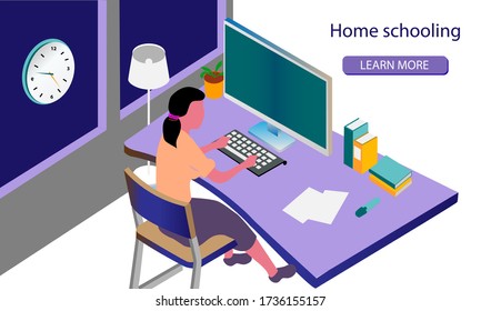 Online home schooling for schoolchildren and students. Flat Isometric Vector Illustration.