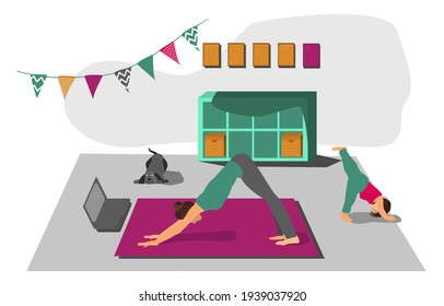online home training yoga pose dog looking down with child