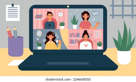 Online home work, virtual video call. Remote office conference on laptop, online team group chat, business meeting internet communication. Vector cartoon flat illustration tidy concept