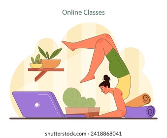 Online Home Workout. A focused woman participates in a virtual yoga session, demonstrating a healthy, active lifestyle from home. Ideal for digital wellness initiatives. Flat vector illustration.