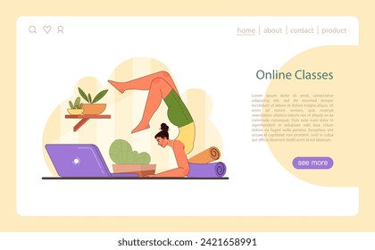 Online Home Workout. A focused woman participates in a virtual yoga session, demonstrating a healthy, active lifestyle from home. Ideal for digital wellness initiatives. Flat vector illustration.