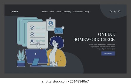 Online Homework Check concept. A teacher reviews assignments on a laptop, facilitating digital education. E-learning platform interface, remote teaching. Vector illustration.