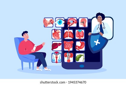 Online Hospital Application.Digital Medicine Consultation.Man Choose Doctor.Video calling on a Smartphone,Medical Apps,Mobile Devices Diagnostics.Medical Insurance Hospital Treatment.Flat Illustration