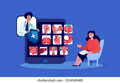 Online Hospital Application.Digital Medicine Consultation.Choose Doctor.Video calling on a Smartphone and Medical Apps,Mobile Devices Diagnostics.Medical Insurance Hospital Treatment.Flat Illustration