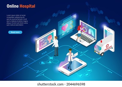 Online Hospital, Medical And Healthcare Service On Smart Phone Application. Virtual Hospital, Online Doctor Consultation Using Data Analysis Technology Diagnose Patient Health Problem. 3D Isometric. 