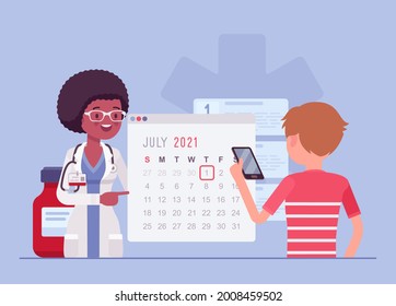 Online Hospital Registration And Appointment System, Application Service. Male Patient Selecting Date For A Visit Through The Portal With Smartphone, Booking Medical Consultation. Vector Illustration