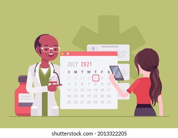 Online hospital registration and appointment system, application service. Female patient selecting date for visit through the portal with smartphone, booking medical consultation. Vector illustration