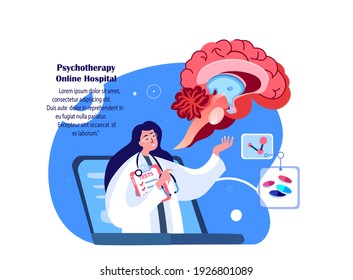 Online Hospital Website.Brain Diseases Curing,Psychiatrist Internet Consultation.Digital Neurosurgeon,Brain Medicine.Cancer Tumor Research.Internet Diagnostic.Medical Clinic Treatment.Flat Illustratio