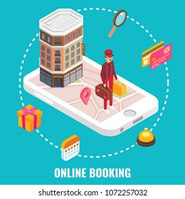 Online hotel booking concept vector. Flat isometric illustration. Hotel building and doorman with luggage on smartphone screen.
