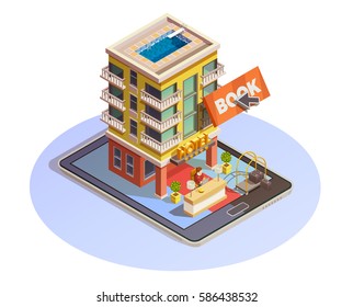 Online Hotel Booking Isometric Icon With Building Street View And Reception Service Mounted On Tablet Vector Illustration 