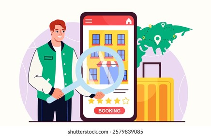 Online hotel booking. Man with magnifying glass near smartphone screen with hostel. Mobile application for traveler and tourists. Holiday and vacation. Flat vector illustration