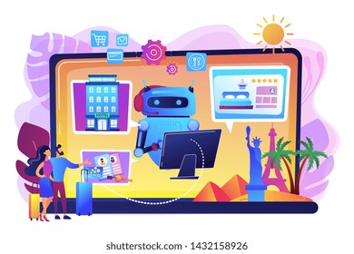 Online hotel booking system. Smart hospitality industry, autonomous robots for business. Concierge robot, artificial intelligence in tourism concept. Bright vibrant violet vector isolated illustration