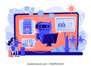 Online hotel booking system. Smart hospitality industry, autonomous robots for business. Concierge robot, artificial intelligence in tourism concept. Pinkish coral bluevector isolated illustration