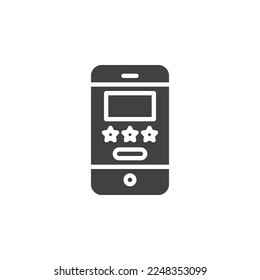 Icono vector de reserva de hotel en línea. signo plano relleno para concepto móvil y diseño web. Teléfono móvil con icono de glifo de estrellas de clasificación. Símbolo, ilustración del logotipo. Gráficos vectoriales