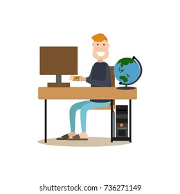 Online hotel booking vector illustration. Man making reservation of hotel room. Hotel people flat style design element, icon isolated on white background.
