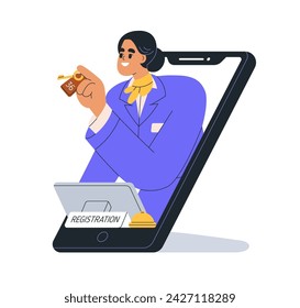 Online hotel registration. Virtual checkin. Concierge giving door key for hostel room, smartphone service, internet app on mobile phone. Flat graphic vector illustration isolated on white background