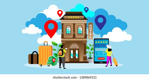 Online Hotel Reservation Mobile App Concept Vector Illustration, can use for, landing page, template, ui, web, mobile app, poster, banner, flyer.