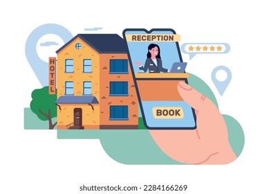 Online hotel reservations. Search or select hostels and apartments online. Smartphone in hands. Motel internet booking. Guesthouse room reserving by mobile application