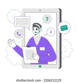 Asistencia en línea, concepto de asistente personal. Soporte técnico de servicio al cliente, asesoría a los trabajadores de servicios de ayuda ilustración de símbolos vectoriales planos. Soporte de cliente virtual lineal