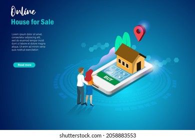 Online House For Sale, Refinance, Home Loan, Digital Real Estate Mortgage Concept. Couple Buy Online House For Sale On Virtual Smart Phone Screen. 