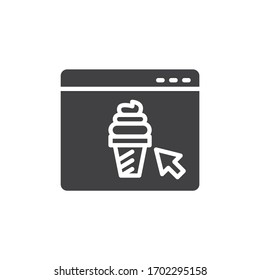 Icono vectorial de pedidos de helados en línea. Servicio de entrega de comida rápida llenado de señal plana para el concepto móvil y el diseño web. Página web con el icono de helado glifo. Símbolo, ilustración del logotipo. Gráficos vectoriales