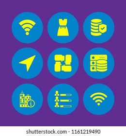 online icon. 9 online set with navigation, verification, info and human resources data of job performance vector icons for web and mobile app