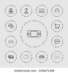 Online icon. collection of 13 online outline icons such as card protection, chat, joystick, shopping cart, money, shopping sale. editable online icons for web and mobile.