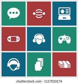 Online icon. collection of 9 online filled icons such as chat, joystick, portable console, operator, real estate on laptop, money. editable online icons for web and mobile.