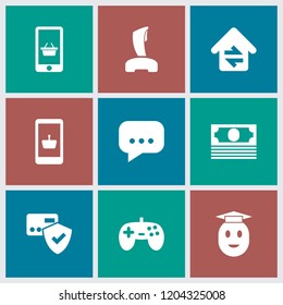 Online icon. collection of 9 online filled icons such as card protection, joystick, home connection, chat, money. editable online icons for web and mobile.