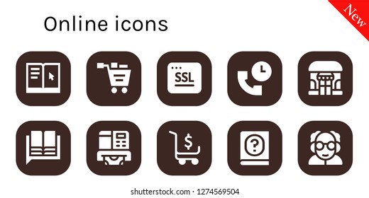  online icon set. 10 filled online icons. Simple modern icons about  - Learning, Shopping cart, Ssl, Support, Shop, Language, Atm, Manual, Professor